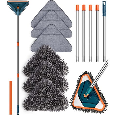 Vadrouille rotative 360° réglable, balai serpillère triangle microfibre, tige télescopique, pour nettoyage plafond, fenêtre, mur (1/5)