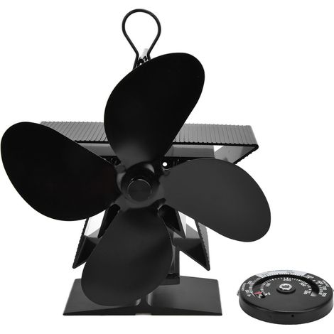 Ventilateur de cheminée à 4 pales avec thermomètre intégré, pour poêle à bois d'intérieur, ventilation par air chaud pour une meilleure répartition de la chaleur, noir (1/5)