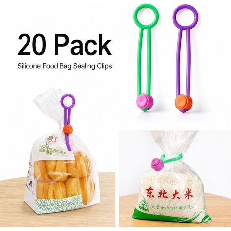 Pinces de scellage pour sacs alimentaires en silicone – lot de 20 Scellants réglables pour sacs plastique, sacs de riz, liens réutilisables pour sacs alimentaires en silicone avec anneau de tirage. (1/5)