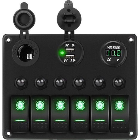 Panneau d'interrupteurs à bascule rétroéclairé vert 12 V/24 V LED, voltmètre numérique, double chargeur USB, prise allume-cigare, protection contre les surcharges, pour voiture, camping-car, bateau (1/5)