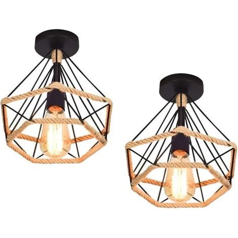 U DO LOT DE 2 Plafonnier Exquis 25cm en Corde de Chanvre Lampe Cage en Fer Vintage Industriel (1/4)