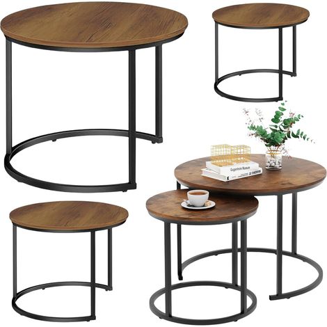 Ensemble de 3 tables basses rondes en bois naturel vintage, dimensions : 51 cm x 40 cm x 30 cm (1/4)