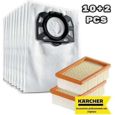 Sac Filtre à Peluches + Filtre Plat Plissé pour Kärcher WD 4/5/6 (Pack 10+2) Ortviai (1/4)
