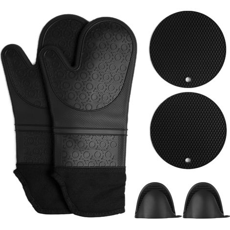 Gants de cuisine isolants en silicone épais, anti-brûlure pour barbecue, four et cuisson - Noir
