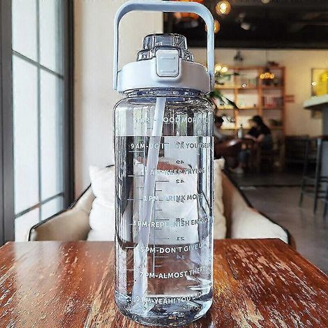 2-Liter-Sport-Trinkflasche mit Zeitmarkierung und Strohhalm, große Trinkflasche für Fitnessstudio und Reisen-blue