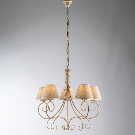 Viena hierro marfil oro candelabro cinco luces pantallas de tela 60x h58 cm