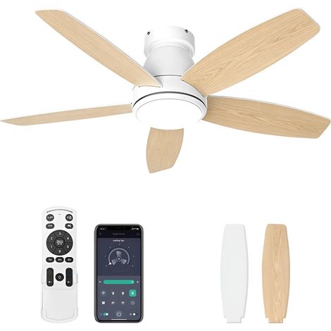 Ventilateur de Plafond Silencieux avec Lumière, 132 cm Ventilateur Plafond Bois, 6 Vitesses, Minuterie, Telecommande et APP