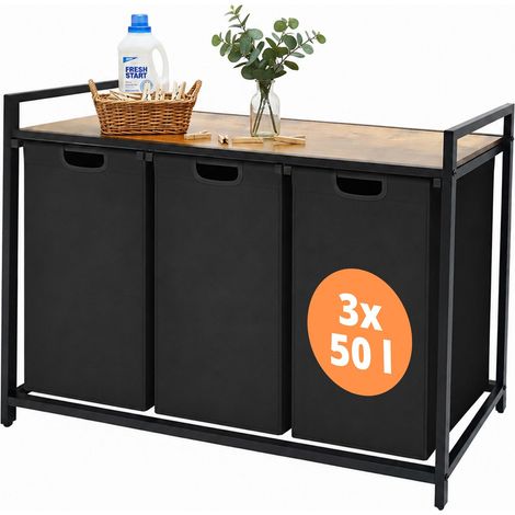 Relaxdays Wäschesammler mit 3 Wäschesäcke, 150 L, Holzoptik Ablage, HBT: 73,5 x 109,5 x 33cm, Wäschekorb, schwarz/natur (1/5)