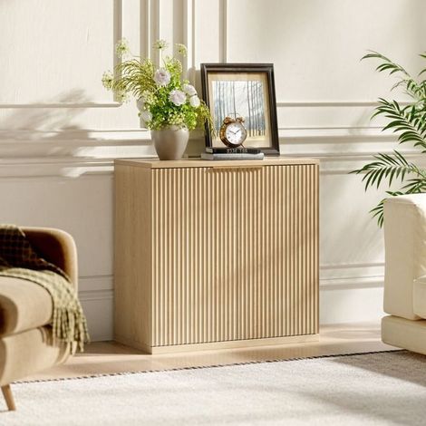 Buffet 60 x 30 x 70 cm rangement façade plissée poignée métal polyvalent décor bois clair naturel chêne (1/5)