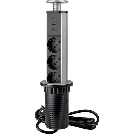 Bloc multiprise escamotable avec charge rapide, 3 Prises Schuko EU, 2 USB A + 1 USB C, Tour multiprise encastrable, Gris Métallisé, Plastique et Aluminium (1/5)