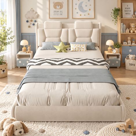 Lit enfant rembourré - 140x200 cm - éclairage led - tête de lit réglable - flanelle - mobilier de chambre enfant - beige (1/5)