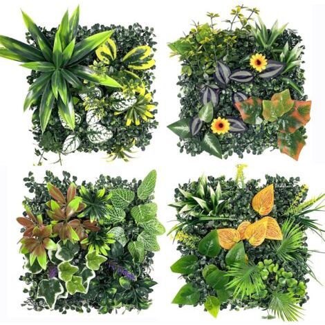4 Panneaux Murs de Plantes Artificielles, 25X25cm, Décoration Murale en Gazon Synthétique, Panneau Végétal Synthétique, Mur Végétal Artificiel, pour Décoration Intérieure Extérieure (1/4)