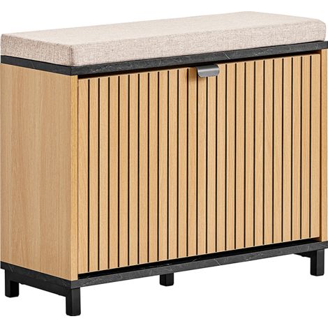 SoBuy Shoe Bench Furniture Shoe Bench Entryway with Comfortable Padded Seat, Foldable Shoe Storage – Black and Light Wood, Supports 113kg, 60x24x50cm, FSR201-N