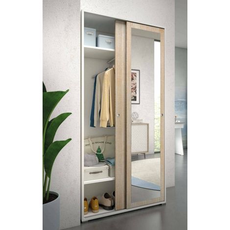 Dmora - Armario Dmontic, Armario con 2 puertas correderas y espejo, Mueble con barra perchero y baldas, 100% Made in Italy, 90x45h195 cm, Roble y Blanco (1/5)