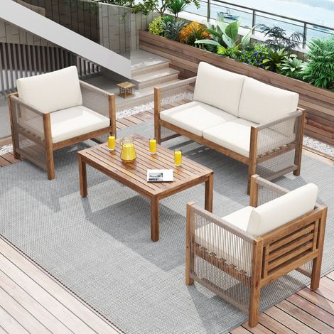 Conjunto de sofá de jardín de 4 plazas: sofá recto, 2 sillones y mesas de centro fijas, cuerda tejida y metal, beige (1/5)