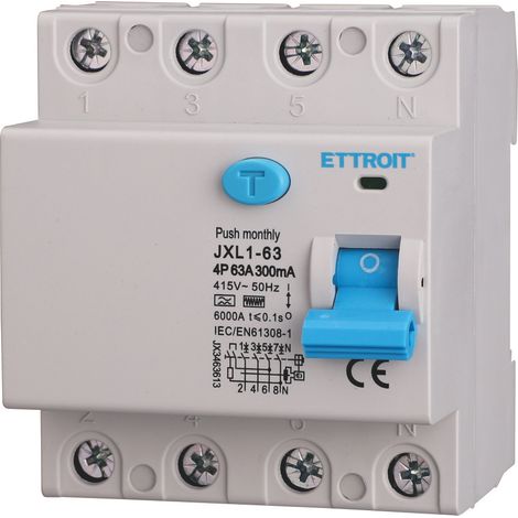Disjoncteur différentiel pur ETTROIT 4P 63A 300mA 380V 6KA Courbe F - JX3463613