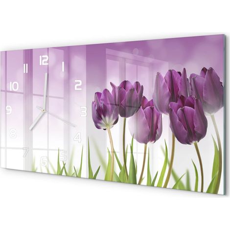 Horloge Murale Prête à Accrocher 60x30 cm Design Moderne Verre Trempé Tulipes filet (1/5)