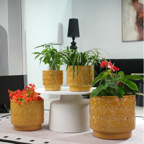 Pot de fleurs en céramique Ø38 cm jaune, avec trou de drainage, pour jardin moderne FloraGrace (1/5)