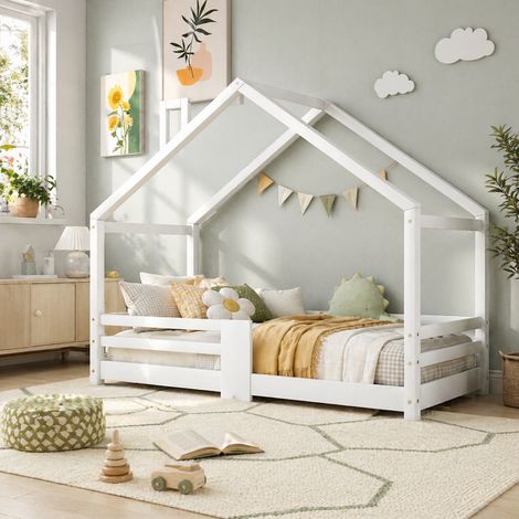 Lit cabane enfant 90x200 cm avec cheminée, barrière antichute, sommier à lattes, pin massif, sans matelas - blanc