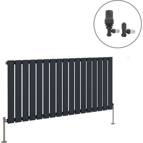 Anthracite Designer Radiator Flat Panel Central Heating Rad with Angled Thermostatic Valves Horizontal Single 600x1156mm