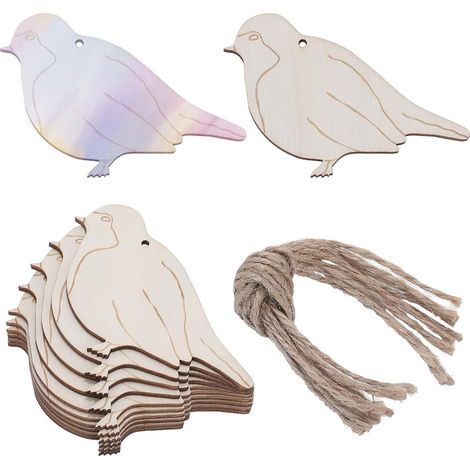 20 Pendentif en bois, forme oiseau, 7.2x10.5cm, trou 0.3cm, cordon jute inclus, décoration mariage, arbre de Noël, bricolage (1/5)