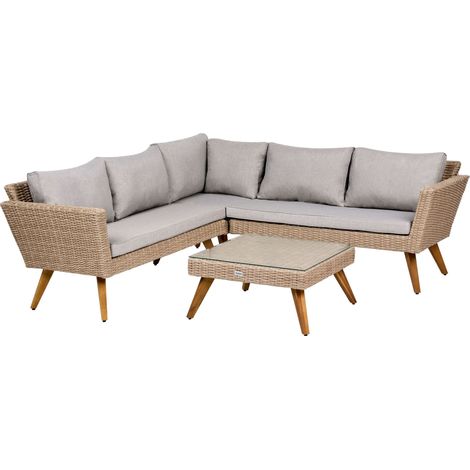 Set da giardino in rattan per esterni, divano ad angolo con tavolino, grigio, Vittoria (1/5)
