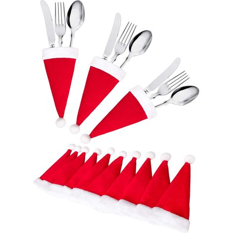 Juego de 10 soportes para cubiertos con forma de gorro de Papá Noel, de tela suave, para guardar cubiertos y decorar la mesa en estas fiestas. (1/5)