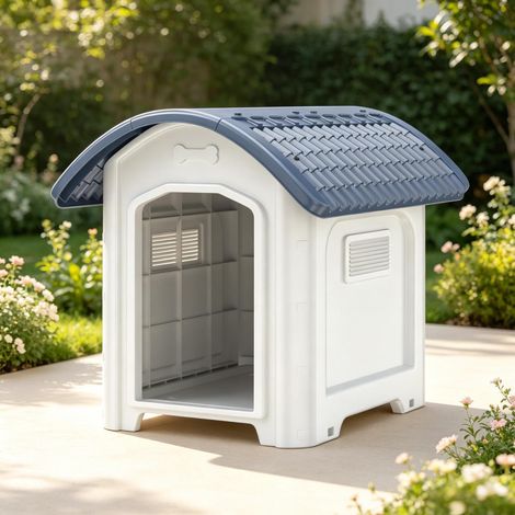 Niche pour chien extérieure en plastique PP gris, toit incliné, base surélevée de 5 cm et plancher amovible, ventilation latérale, pour petit chien au jardin - CHICFURN (1/5)