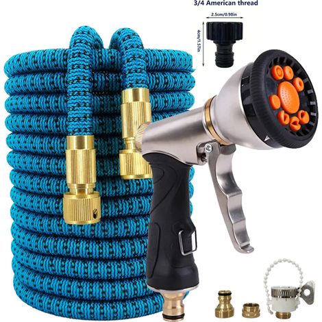Tuyau d'arrosage haute pression extensible et flexible à rayures (bleu lac, 1/2 po, 25 pi) en PVC, avec enrouleur, pour l'irrigation du jardin et des exploitations agricoles, le lavage de voiture et t