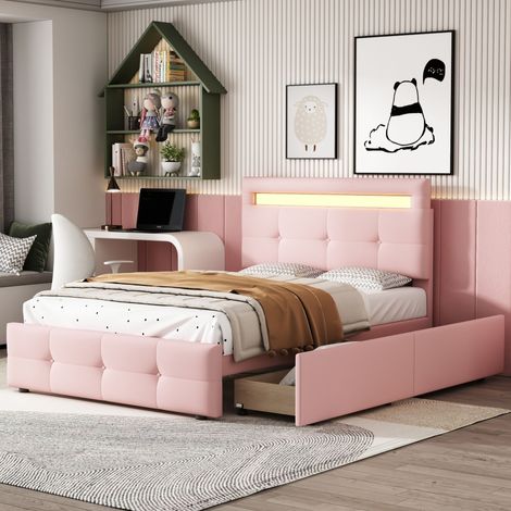 Lit rembourré 90 x 200cm avec lumières LED, 2 tiroirs, lit en lin adapté à la peau, lit simple, lit de camp jeunesse, lit d'amis intérieur (1/5)
