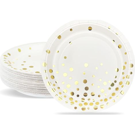 Platos desechables de cartón para fiestas de 23 cm - Dorado brillante, blanco, 50 piezas - Vajilla desechable para bautizos, cumpleaños y bodas (1/5)