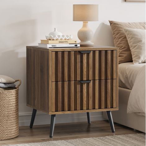 Comodino 45/40/53 cm in noce con 2 cassetti e gambe in metallo (1/5)