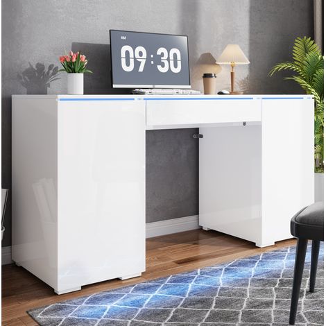 Bureau 140x50x78 cm blanc brillant en panneaux de particules avec LED, 1 tiroir et 2 portes (1/5)