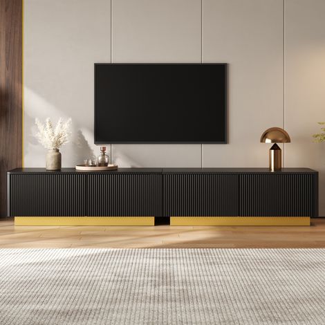 Meuble TV 200 cm Noir Moderne avec Portes Cannelées et Tiroir - Banc TV Bas avec Passe-Câbles Rangement Salon - meuble tv cannelé Contemporain (1/5)