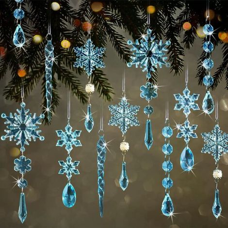 Decorazione per albero di Natale a forma di fiocco di neve (18 pezzi) - Incantevole decorazione invernale a forma di fiocco di neve - Set di fiocchi di neve blu (18 cinturini inclusi) (1/4)