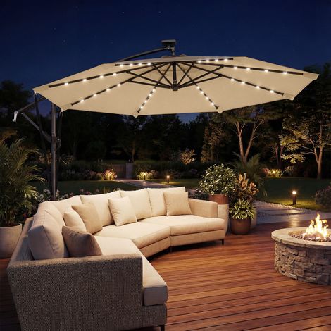Ombrellone decentrato con luci LED solari 330x295 cm Ombrellone da giardino con base a croce, manovella e copertura protettiva color kaki