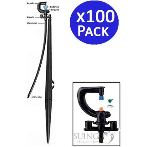 Set di 100 Sistema micro-drip Irrigatore 360º 12 getti, Portata 2,5-3m con Picchetto Micro Stake completo 40cm + Tubo + Gommino