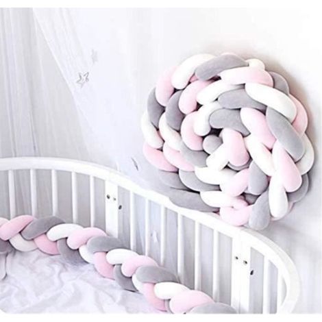 3.5M Tour de Lit Bébé Serpent Tressé pare-chocs Velours,Coussin Tour de Canapé Souple pour Nouveau-nés (Blanc+Gris+Rose) (1/4)
