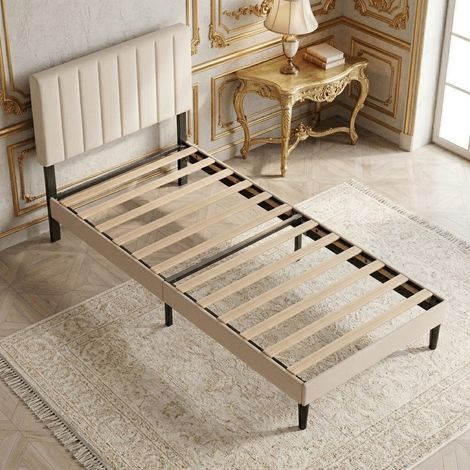 Lit Simple Rembourré 90x200cm Gris - Tête de Lit Rembourrée Réglable - Sommier 12 Lattes Bois Massif - Cadre de Lit en Bois et Métal (1/5)
