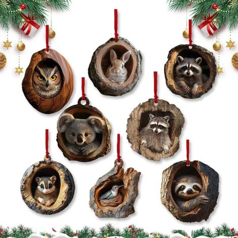 Décorations de Noël en acrylique 2D – Raton laveur, chouette et écureuil – Style vintage, pour intérieur et extérieur – Lot de 4