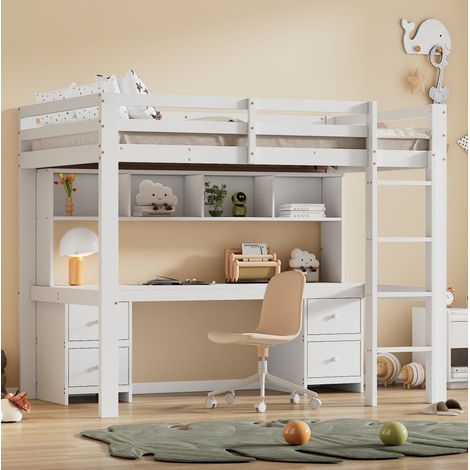 Lit mezzanine enfant en bois de pin et MDF blanc 90x200 cm avec bureau et rangements intégrés (1/5)