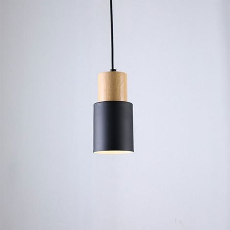 Lampe À Suspension - Abat-jour En Bois Massif - Tube Métallique - Douille E27 - Diamètre 10 Cm - Hauteur 20,5 Cm - Câble 2 M (1/4)