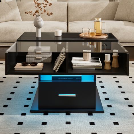 Tavolino da salotto, tavolino moderno con funzione di sollevamento, illuminazione a LED e ripiani in vetro, scomparti portaoggetti, finitura lucida, tavolino ausiliario, design, nero (1/5)