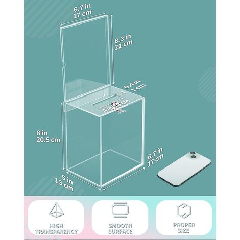 Boîte à Dons Acrylique pour Collecte de Fonds, Boîte à Suggestions Transparente avec Fente Serrure, Conteneur de Rangement Plastique pour Votes Collecte Dons Pourboires, 17 x 13 x 20 cm (1/4)