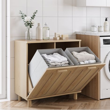 Mobile portabiancheria basculante in MDF colore rovere con 2 cestelli rimovibili OKWISH (1/5)
