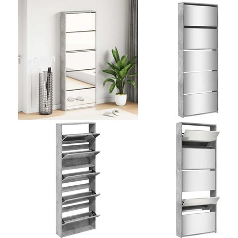 Mueble zapatero y espejo 5 niveles gris hormigón 63x17x169,5 cm - Mueble de zapatos - Armario de zapatos 5 niveles