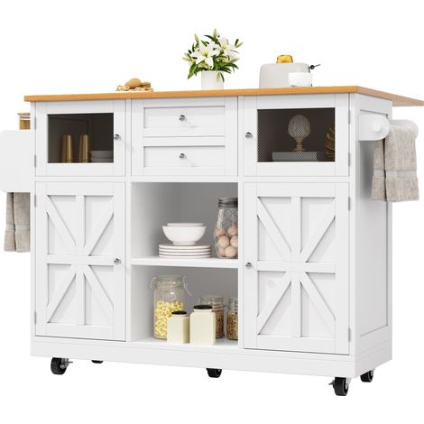 Carrito de Cocina con 2 Puertas 2 Cajones Estantes Ajustables Toallero y Ruedas en MDF 140 x 40 x 93,5 cm Blanco (1/5)
