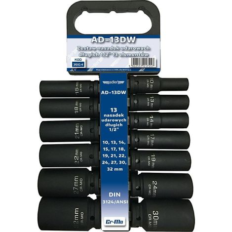 Adler Juego de dados de impacto largos 1/2" 13 piezas con soporte, herramienta profesional para ensamblaje y mantenimiento, diseño reforzado, recubrimiento protector, alta resistencia, color metálico.
