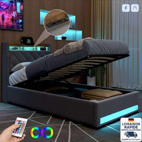 lit 90 x 190 avec sommier et rangement,lit coffre 140x190,Lit adult 140x190,lit capitonné,lit simple ,LED réglable et chargement USB,lin,Gris foncé (1/5)