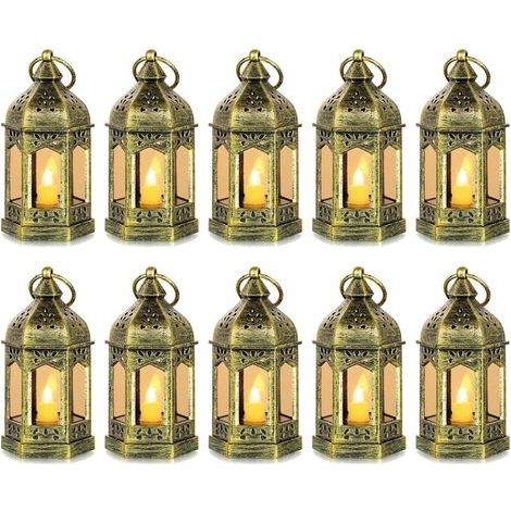 Mini Lanterne LED Exterieur - Lot de 10 Lanterne Bougie doré Decorative Bougeoir pour Halloween, Mariage, Noel, Decoration de Table, Piles Incluses (1/5)